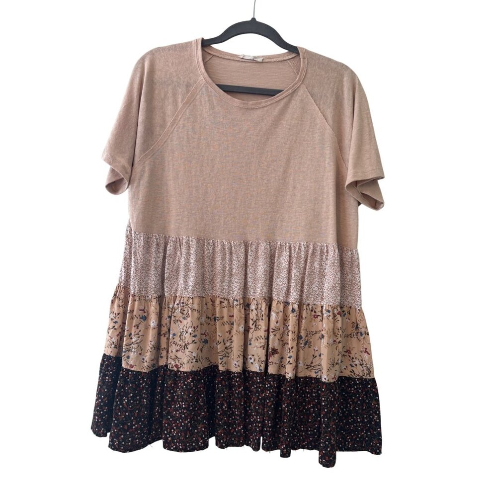 Easel Casual Babydoll Top Size M Floral Print Contrast Short Sleeves